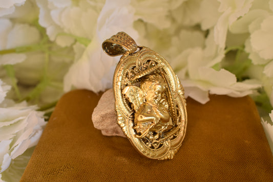 Cherub Angel Oval Medallion Pendant, Gold-Plated Metal, Openwork Filigree Baroque Renaissance Revival Style, Vintage Jewelry