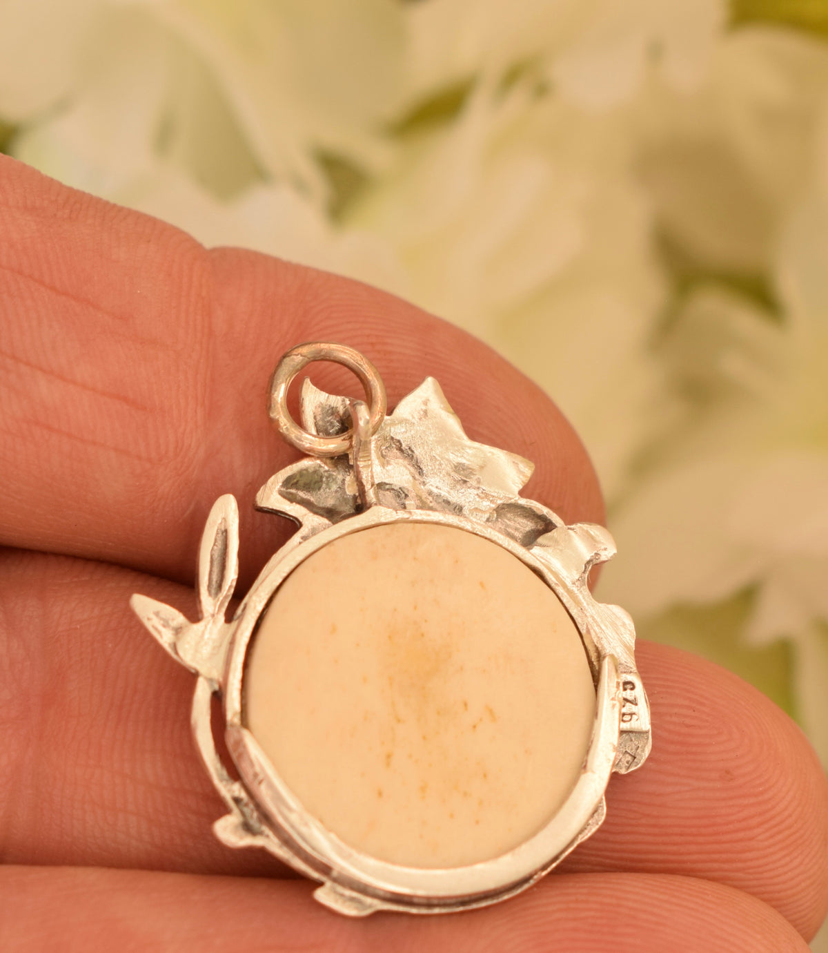Antique Art Nouveau Sterling Silver 925 Photo Locket Pendant, Floral Design, Glass and Bone Back, C.1900