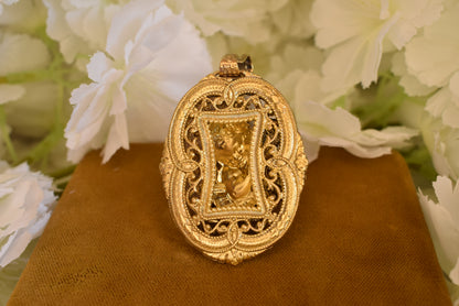 Cherub Angel Oval Medallion Pendant, Gold-Plated Metal, Openwork Filigree Baroque Renaissance Revival Style, Vintage Jewelry