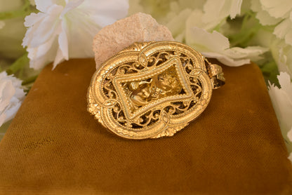 Cherub Angel Oval Medallion Pendant, Gold-Plated Metal, Openwork Filigree Baroque Renaissance Revival Style, Vintage Jewelry