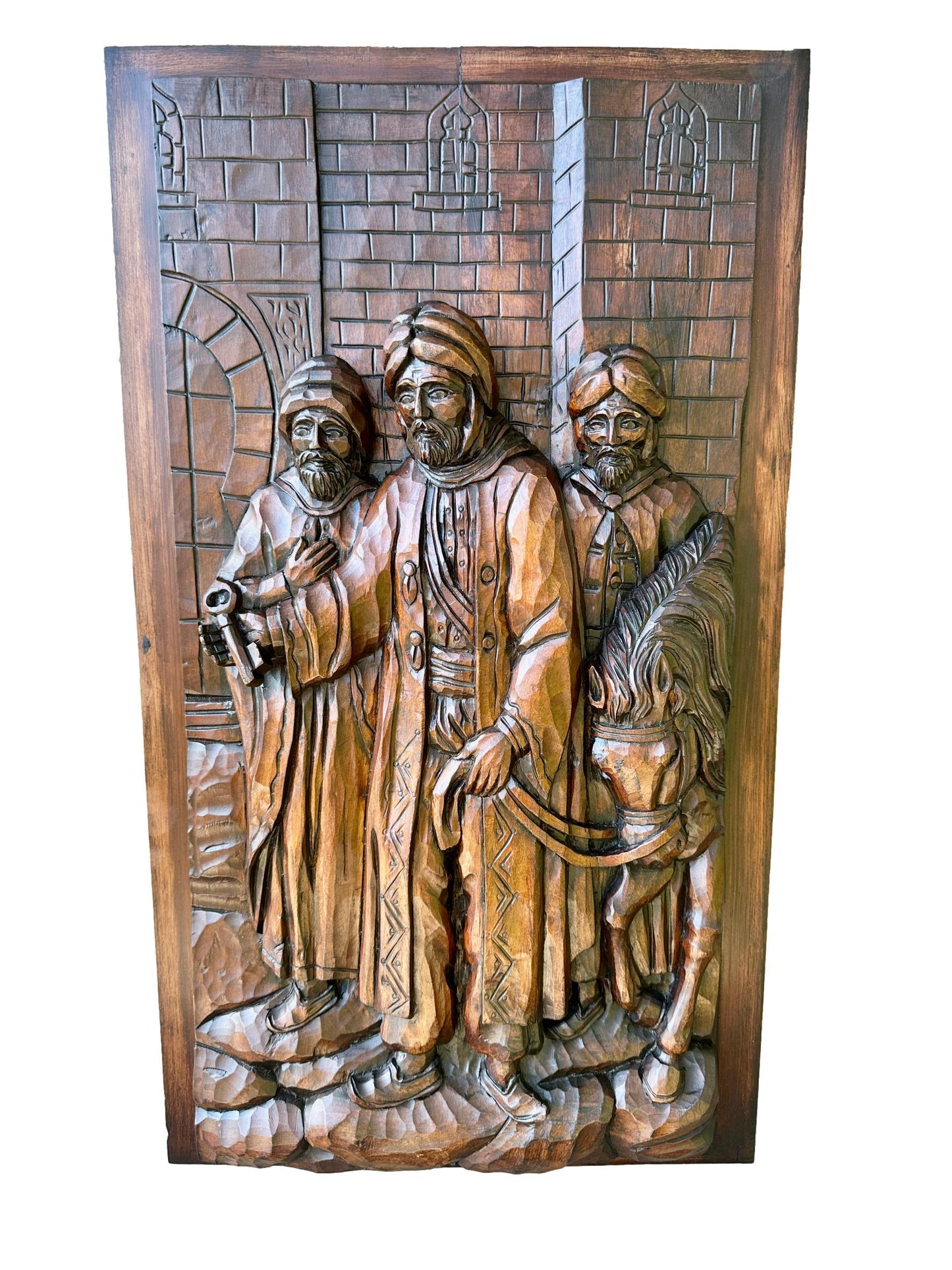 French Antique Deep Carved Wood Wall Panel of Three Orientalist Men