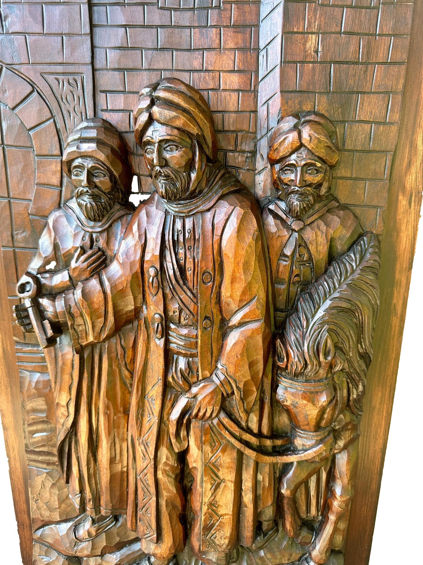 French Antique Deep Carved Wood Wall Panel of Three Orientalist Men