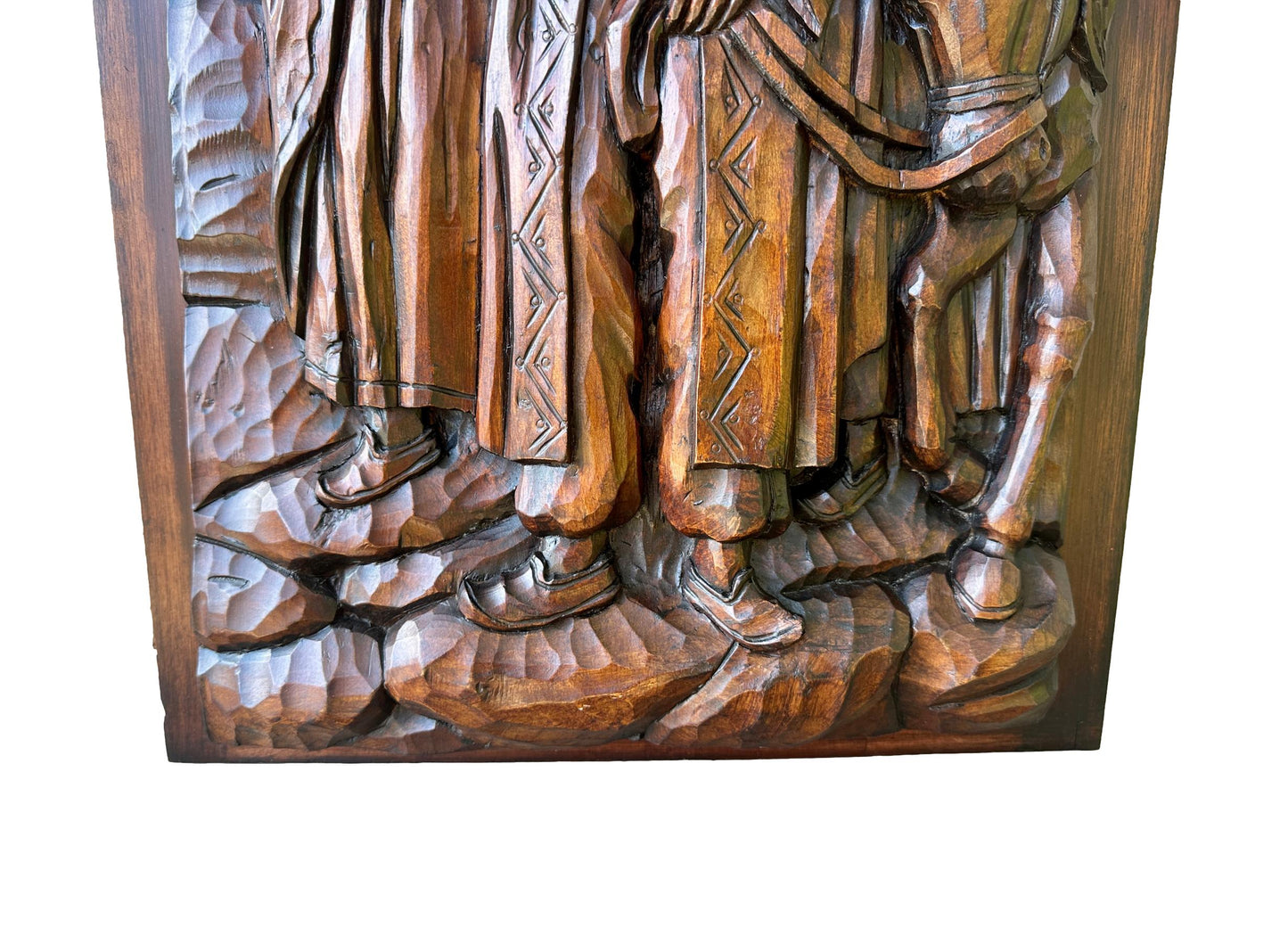 French Antique Deep Carved Wood Wall Panel of Three Orientalist Men