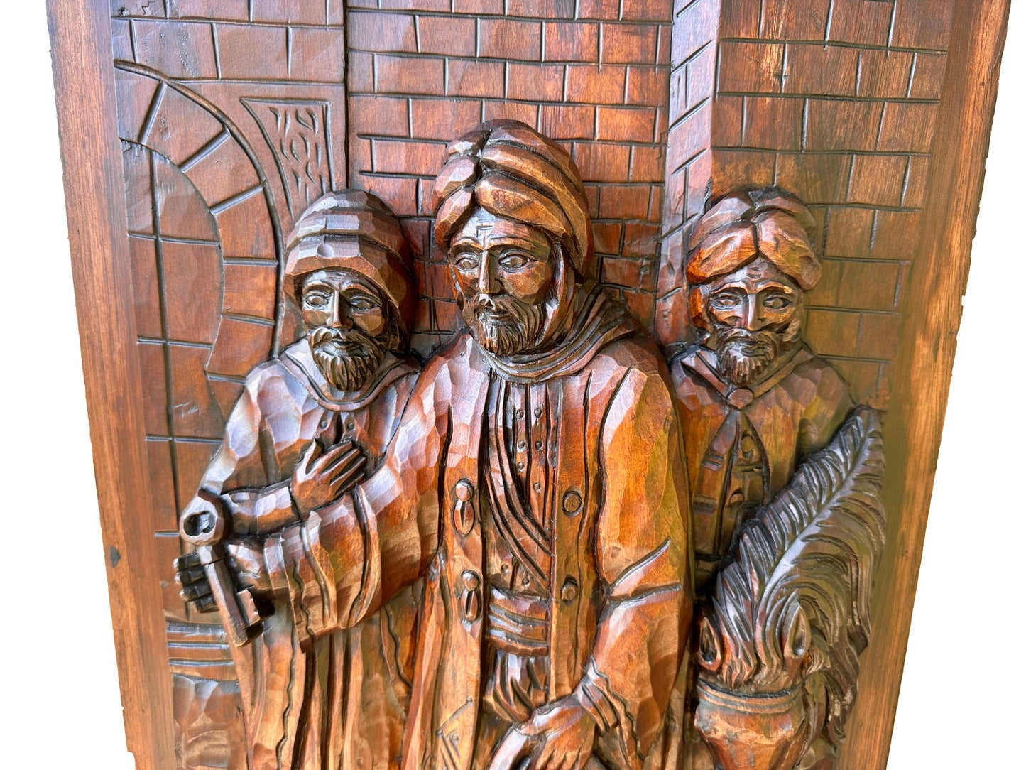 French Antique Deep Carved Wood Wall Panel of Three Orientalist Men