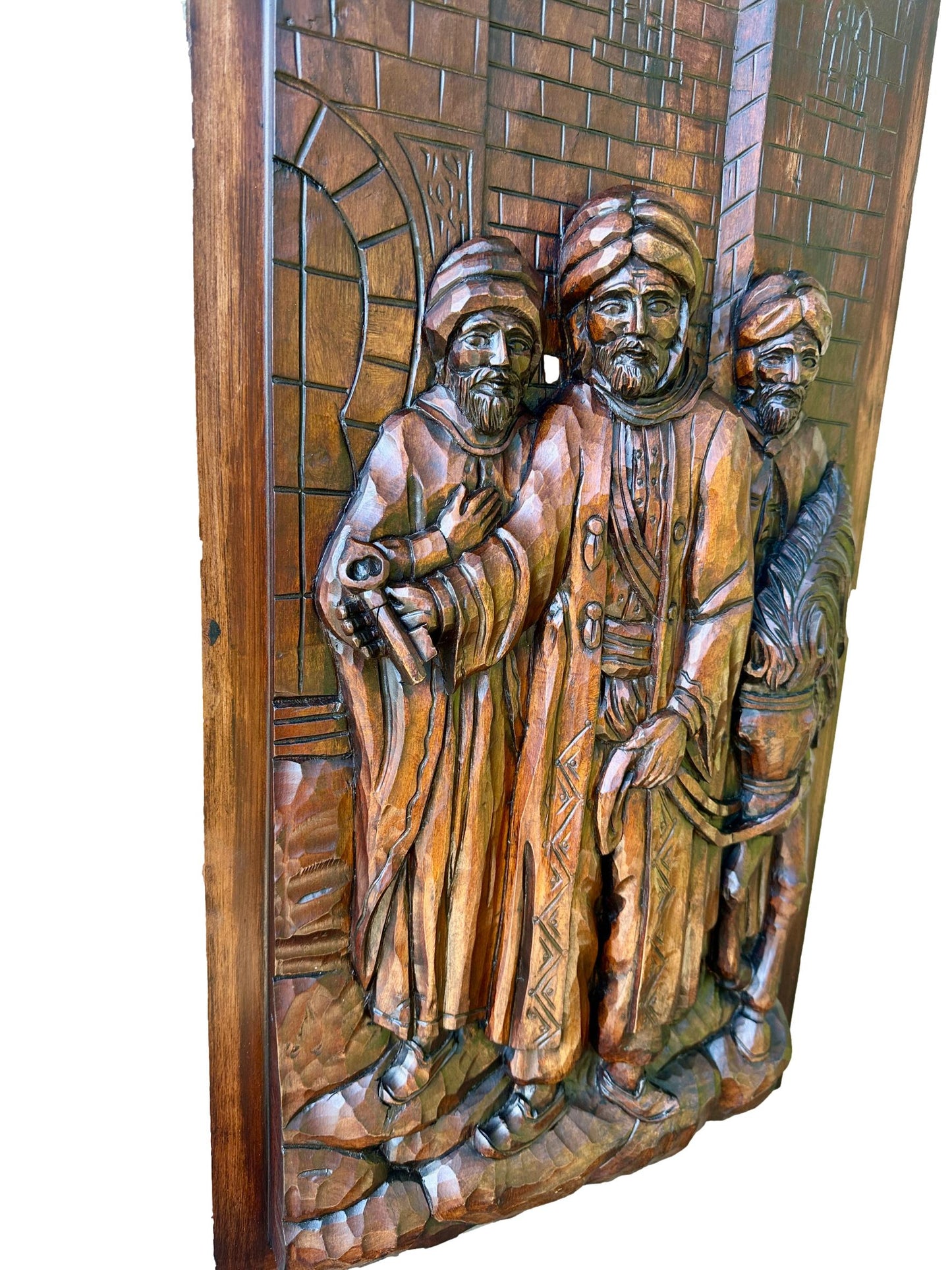 French Antique Deep Carved Wood Wall Panel of Three Orientalist Men