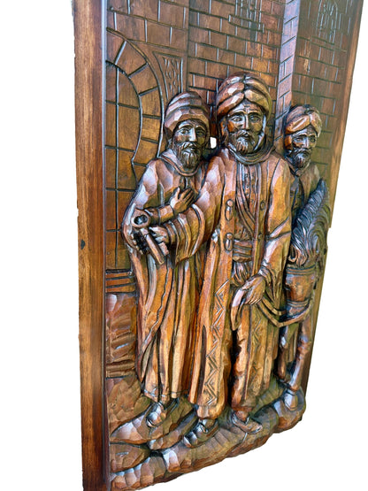 French Antique Deep Carved Wood Wall Panel of Three Orientalist Men