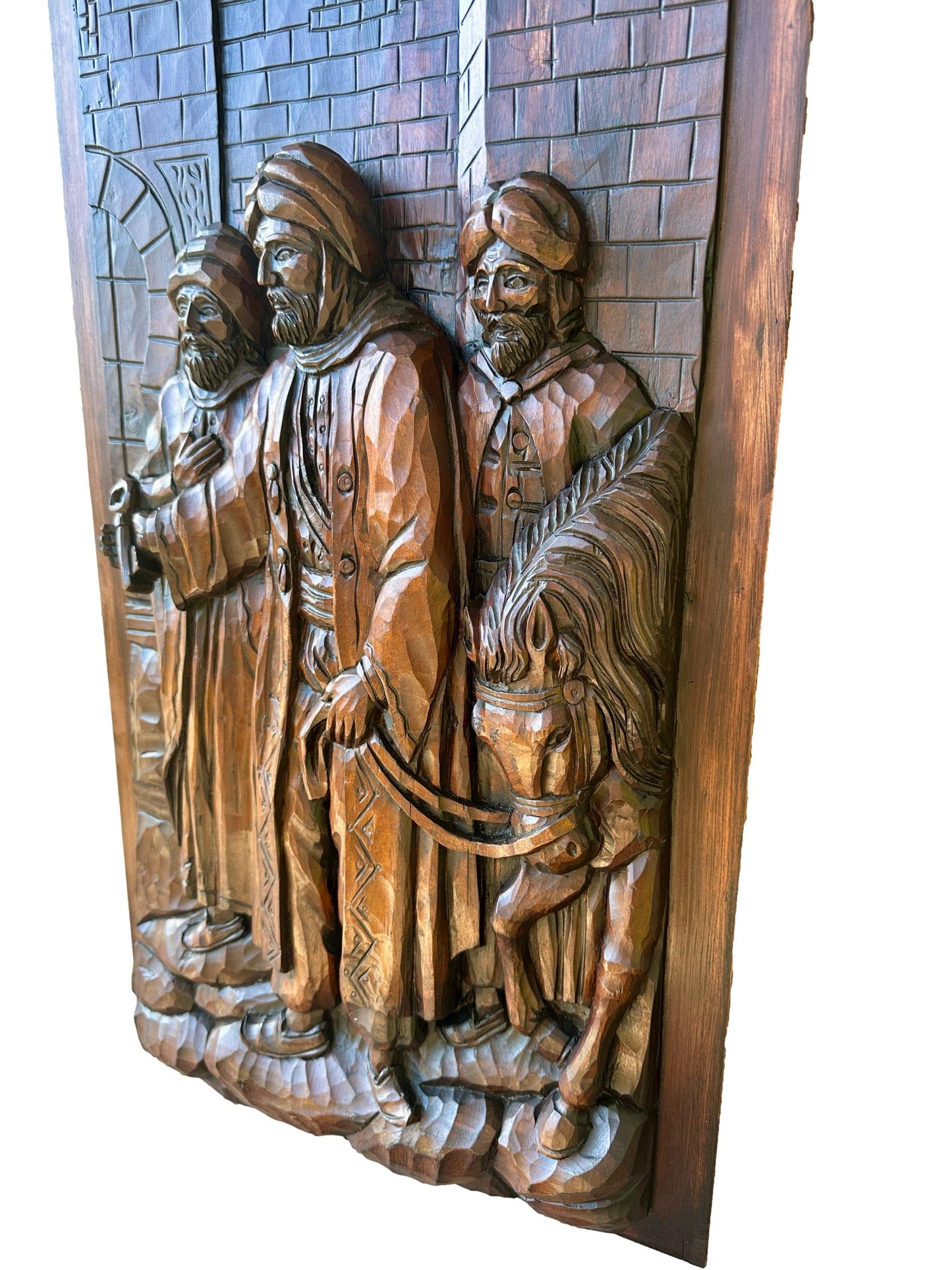 French Antique Deep Carved Wood Wall Panel of Three Orientalist Men