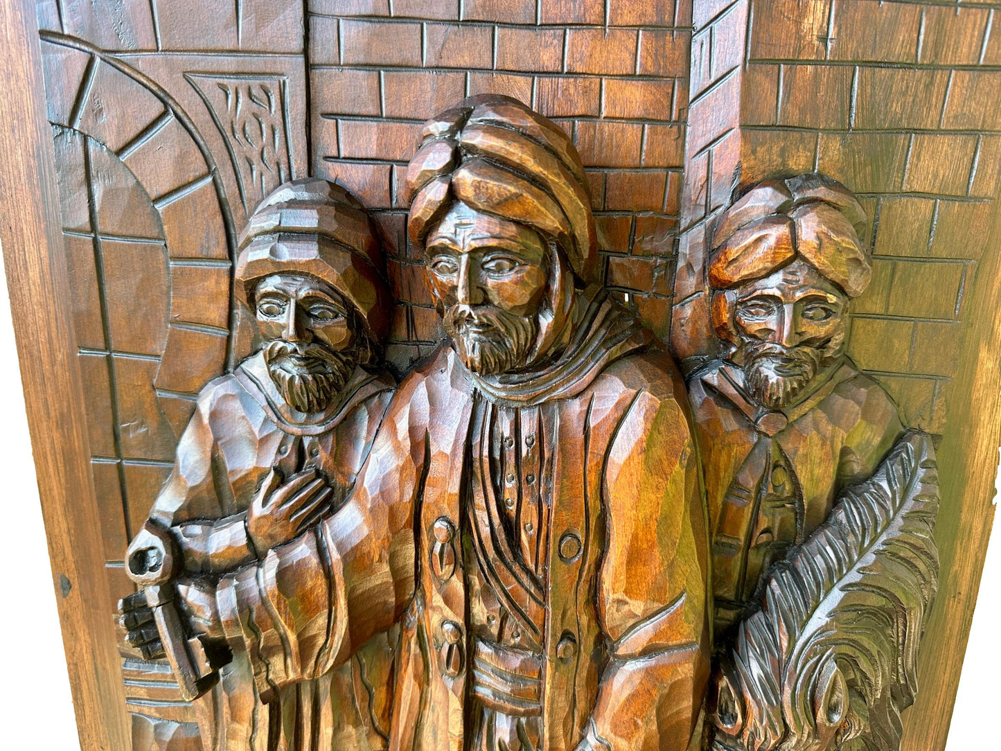 French Antique Deep Carved Wood Wall Panel of Three Orientalist Men