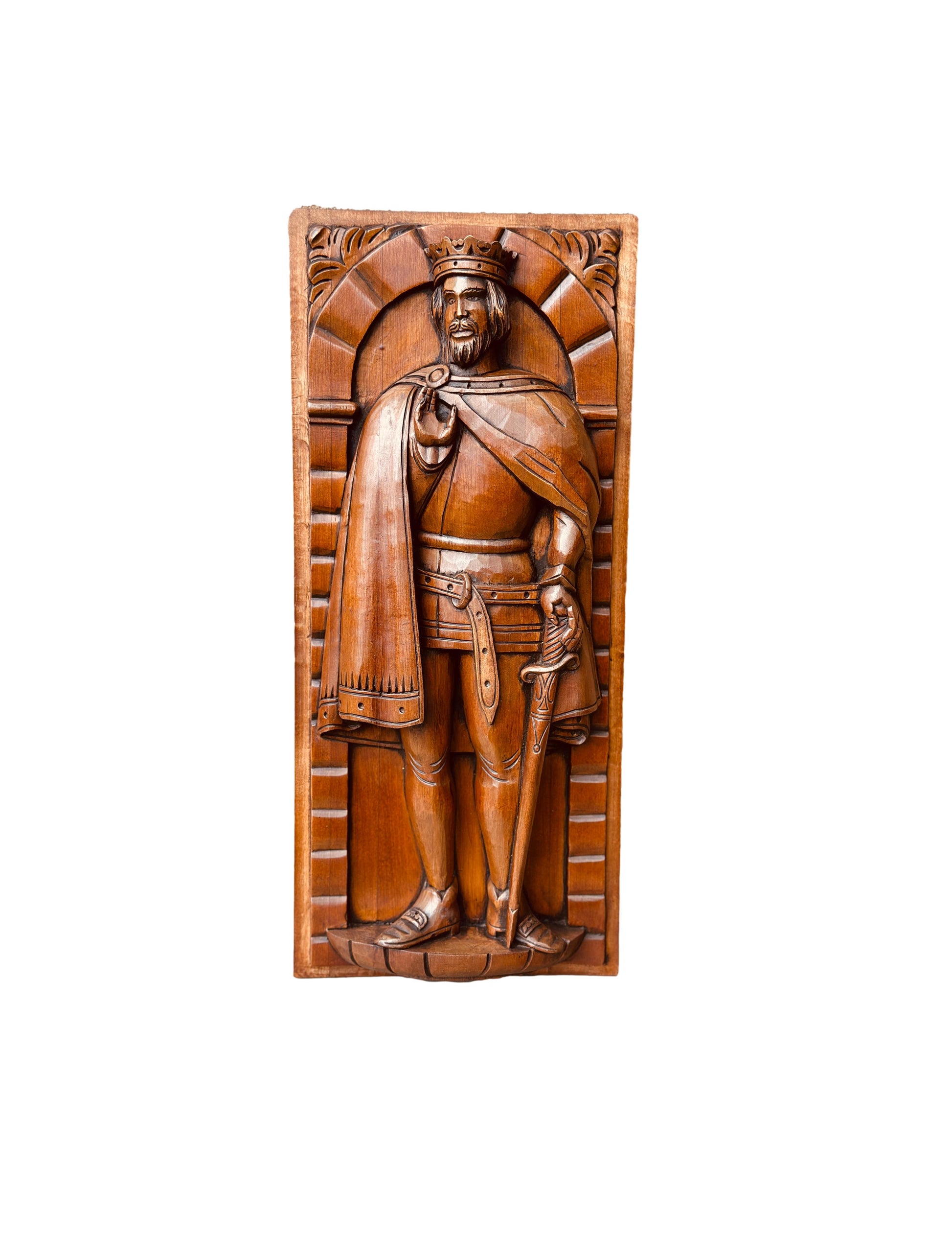 Exquisite French antique hand-carved wooden panel featuring a crowned king in Gothic style, showcasing intricate craftsmanship.