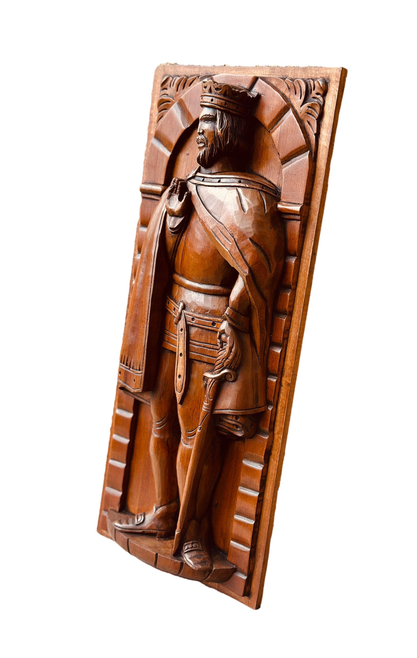 Exquisite French antique hand-carved wooden panel featuring a crowned king in Gothic style, showcasing intricate craftsmanship.