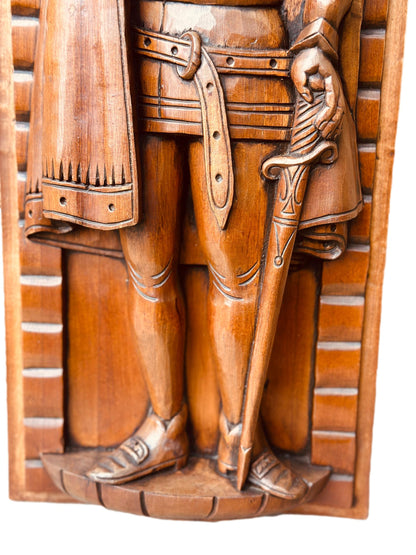 Exquisite French antique hand-carved wooden panel featuring a crowned king in Gothic style, showcasing intricate craftsmanship.
