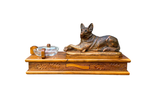  Antique French walnut card box with German Shepherd dog sculpture by A. Boutillon – 20th century