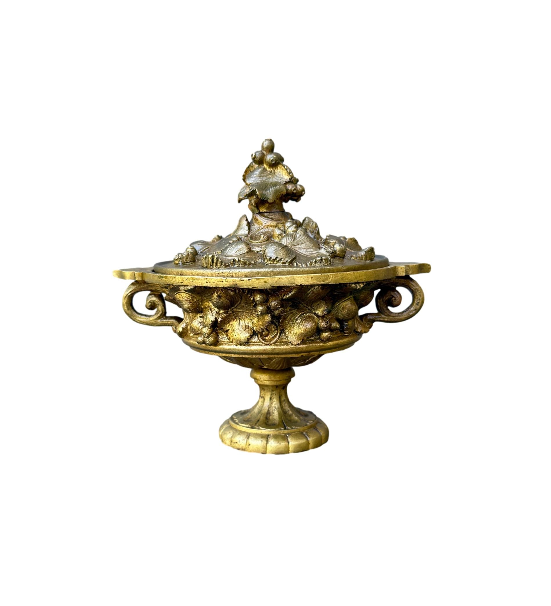 Antique 19th Century bronze cassolette covered dish with ornate raised fruit and flower garland relief—perfect decorative accent