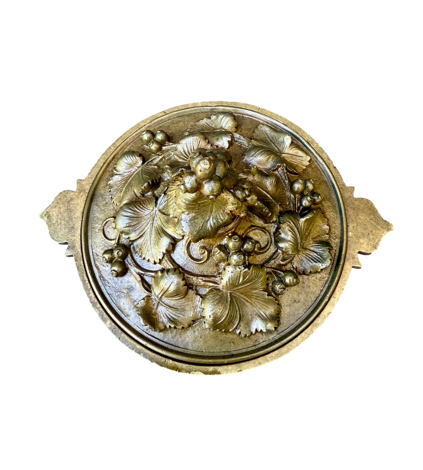 Antique 19th Century bronze cassolette covered dish with ornate raised fruit and flower garland relief—perfect decorative accent