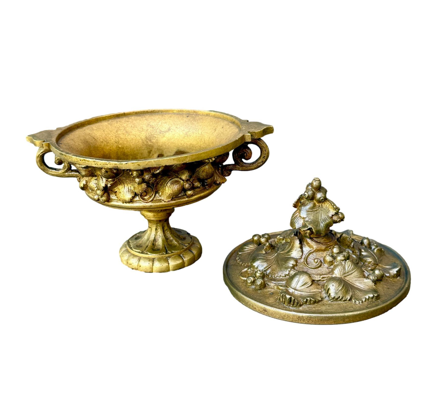 Antique 19th Century bronze cassolette covered dish with ornate raised fruit and flower garland relief—perfect decorative accent