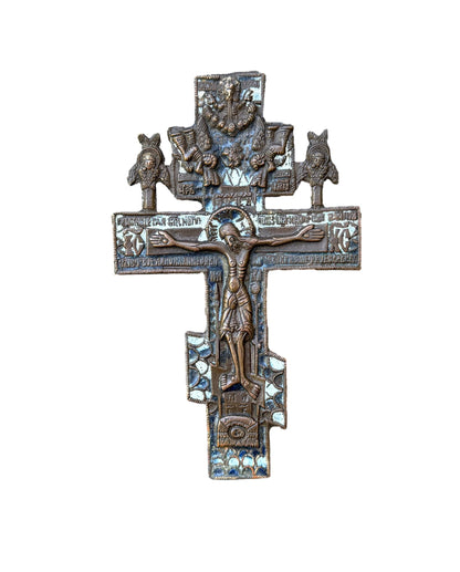Antique Russian Orthodox bronze enamel crucifix with Christ and angels – 18th–19th century devotional art