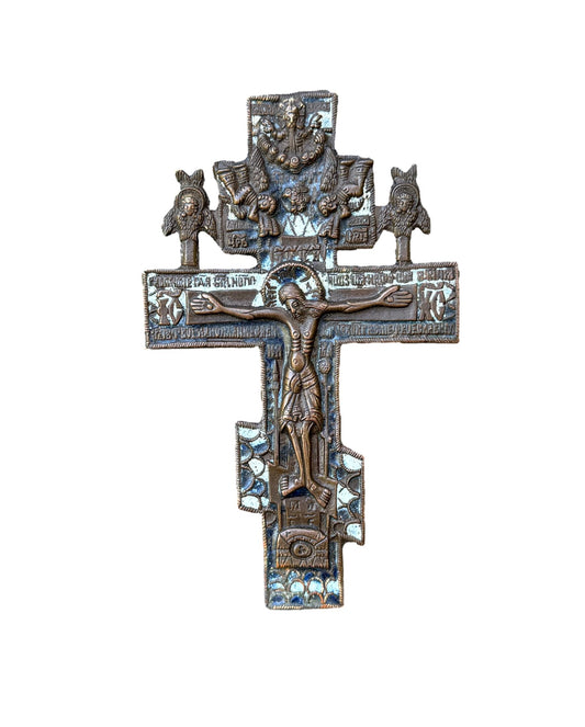 Antique Russian Orthodox bronze enamel crucifix with Christ and angels – 18th–19th century devotional art