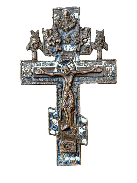 Antique Russian Orthodox bronze enamel crucifix with Christ and angels – 18th–19th century devotional art