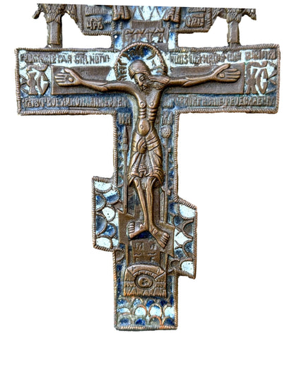 Antique Russian Orthodox Bronze Crucifix – 18th–19th Century Enamel Cross