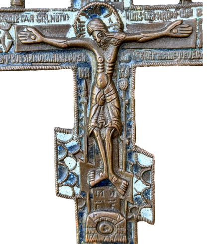 Antique Russian Orthodox Bronze Crucifix – 18th–19th Century Enamel Cross