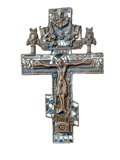 Antique Russian Orthodox Bronze Crucifix – 18th–19th Century Enamel Cross