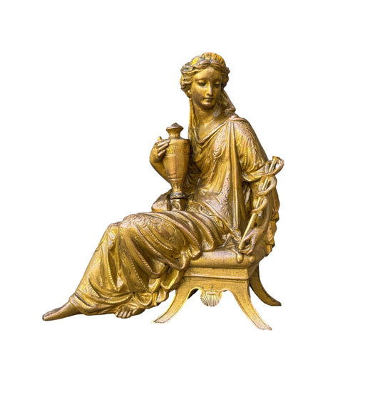 Antique French gilded spelter statue of seated woman – Allegory of Commerce holding caduceus and amphora – 19th century