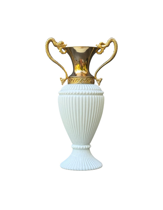 Vintage Empoli white opaline glass vase with gilt dragon handles, 1970s neoclassical Empire style