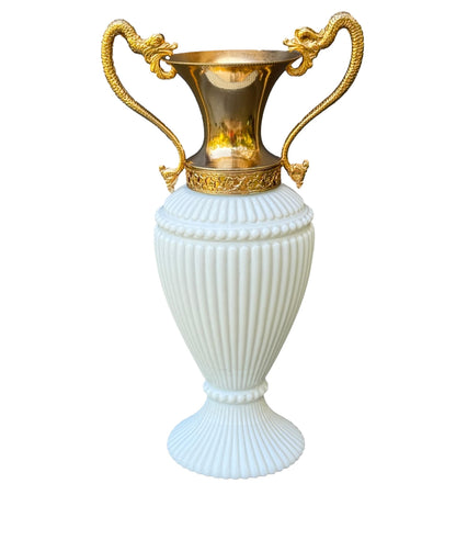 Vintage Empoli White Opaline Vase – Gilt Chimera Handles – 1970s