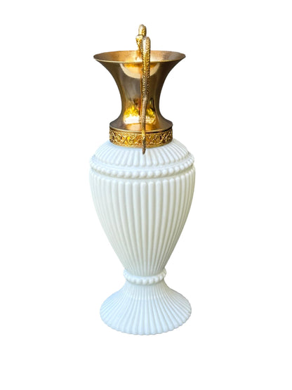 Vintage Empoli White Opaline Vase – Gilt Chimera Handles – 1970s