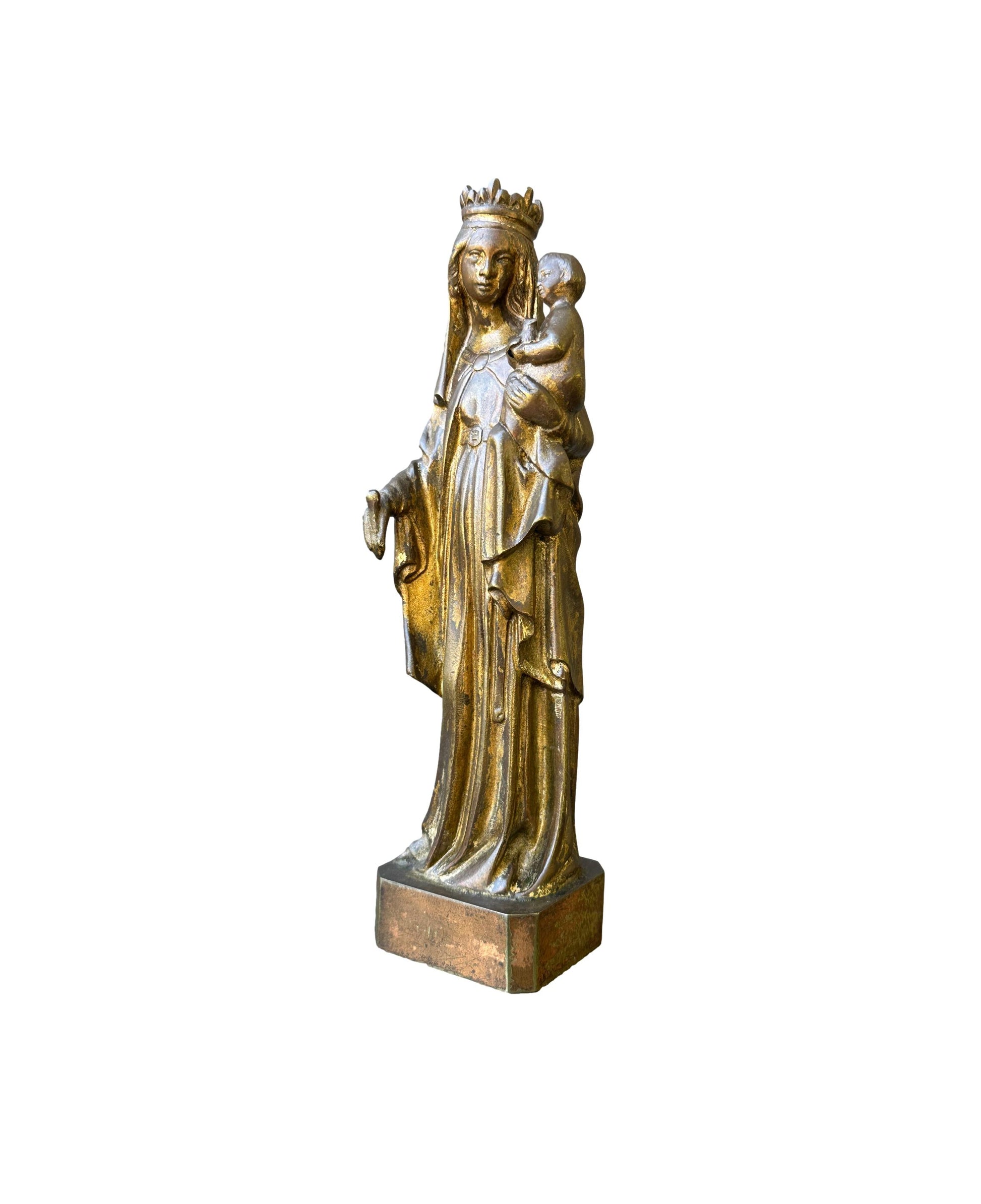 Antique French statue of the Virgin Mary holding baby Jesus in soft-toned finish