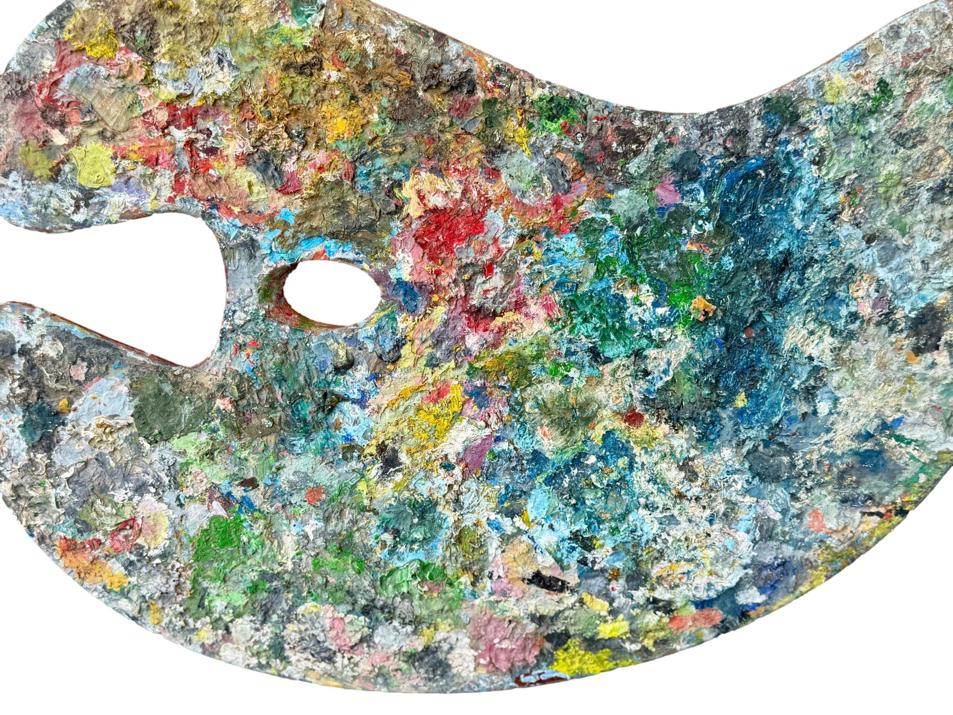Colorful 1950s French artist palette with thick oil paint, curved wooden vintage painting tool for wall display or studio decor