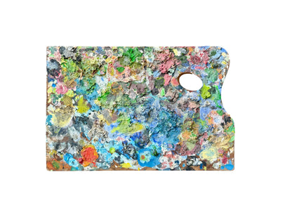 French 1940s wooden artist palette with thick multicolored oil paint, vintage studio wall decor for art lovers and collectors