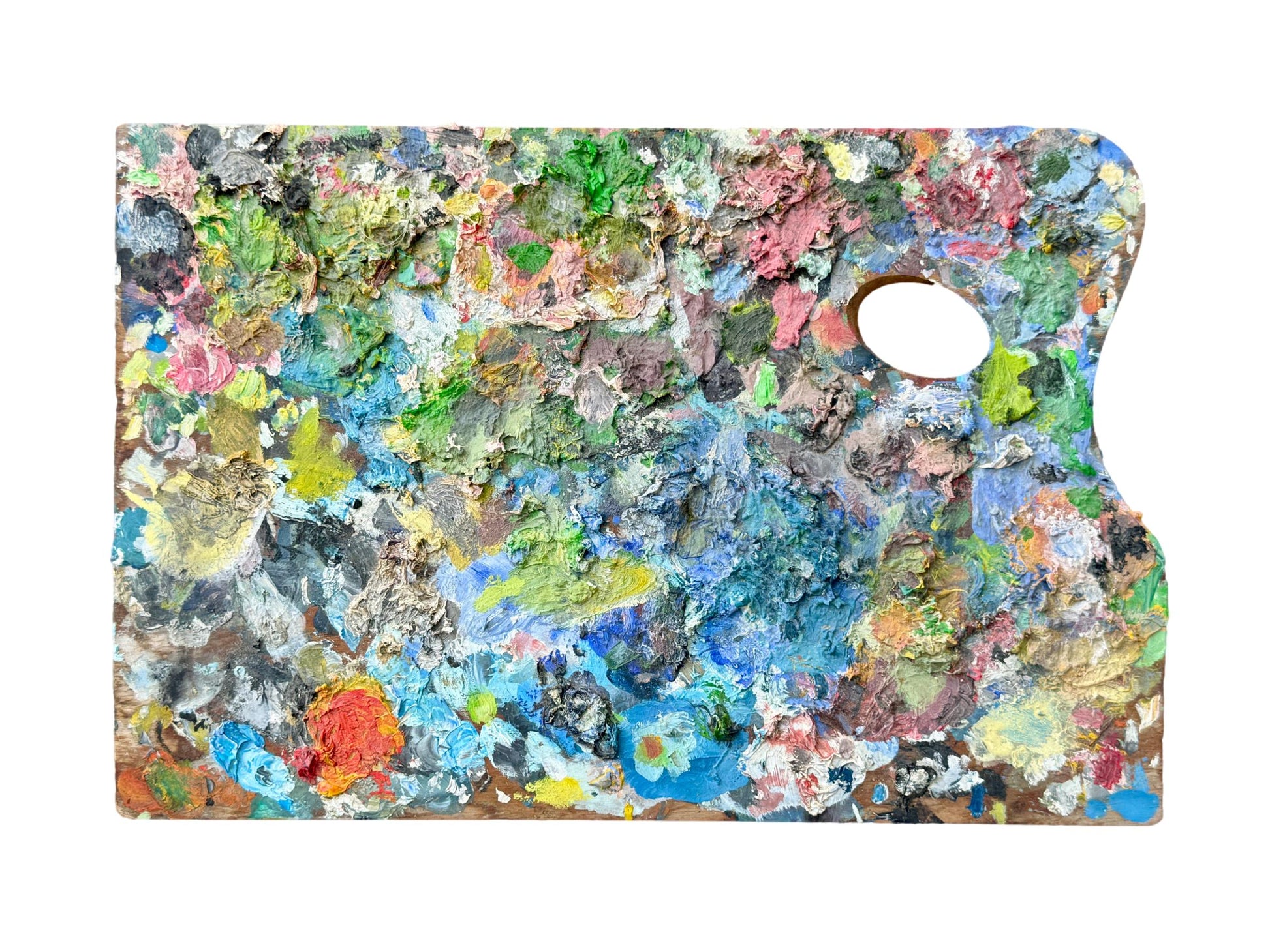 French 1940s wooden artist palette with thick multicolored oil paint, vintage studio wall decor for art lovers and collectors