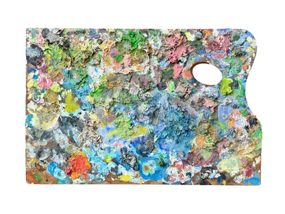 French 1940s wooden artist palette with thick multicolored oil paint, vintage studio wall decor for art lovers and collectors