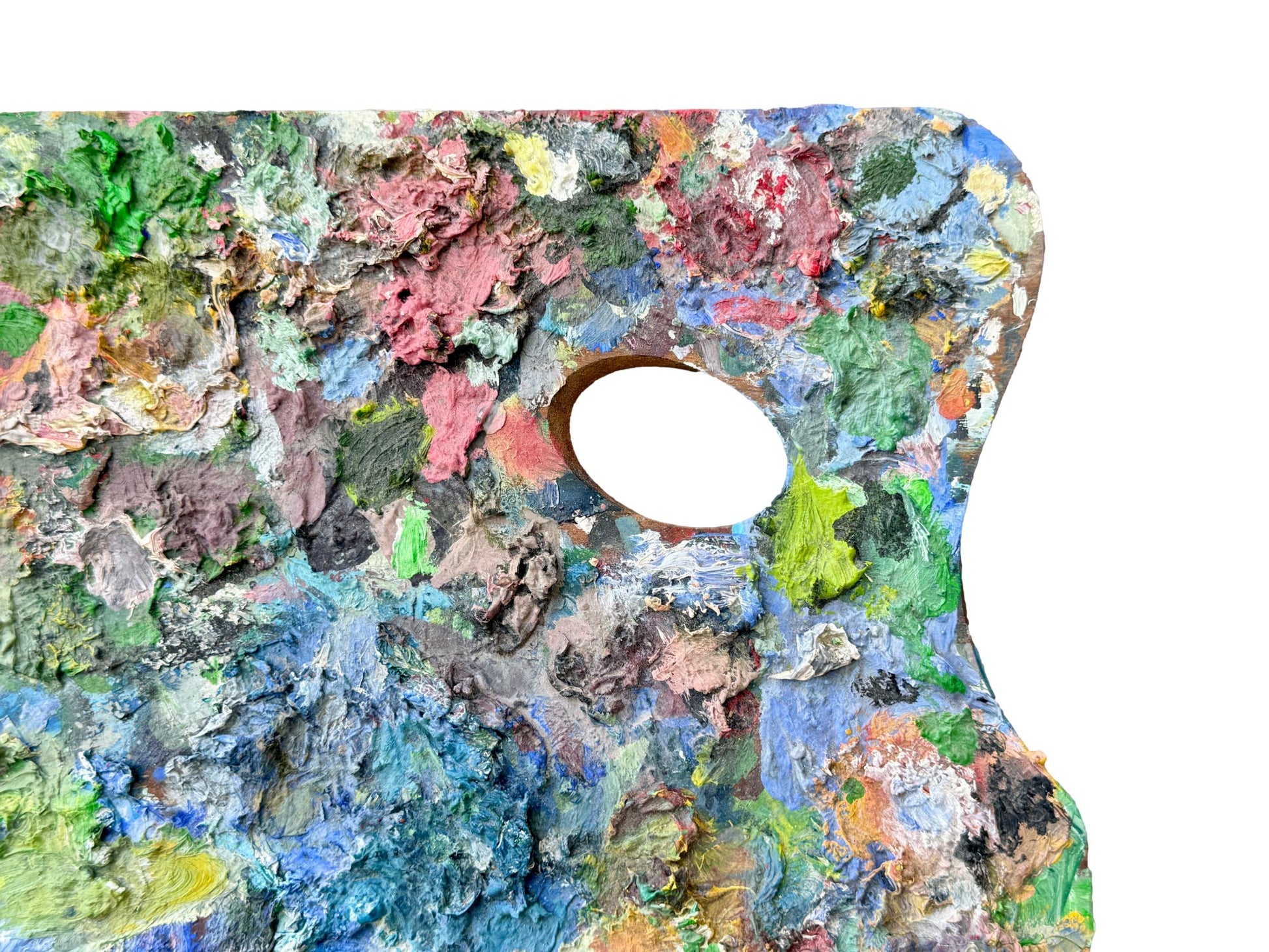 French 1940s wooden artist palette with thick multicolored oil paint, vintage studio wall decor for art lovers and collectors