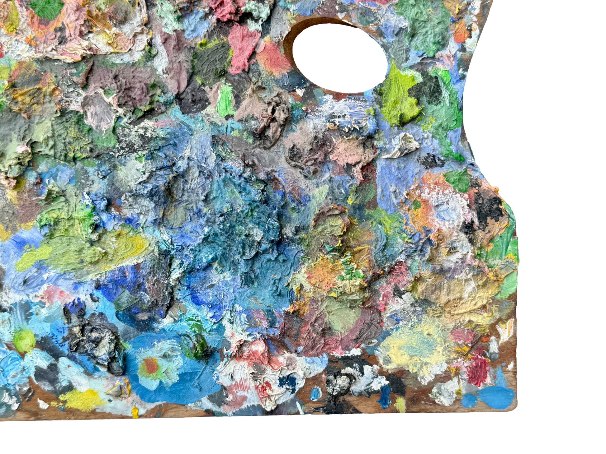 French 1940s wooden artist palette with thick multicolored oil paint, vintage studio wall decor for art lovers and collectors