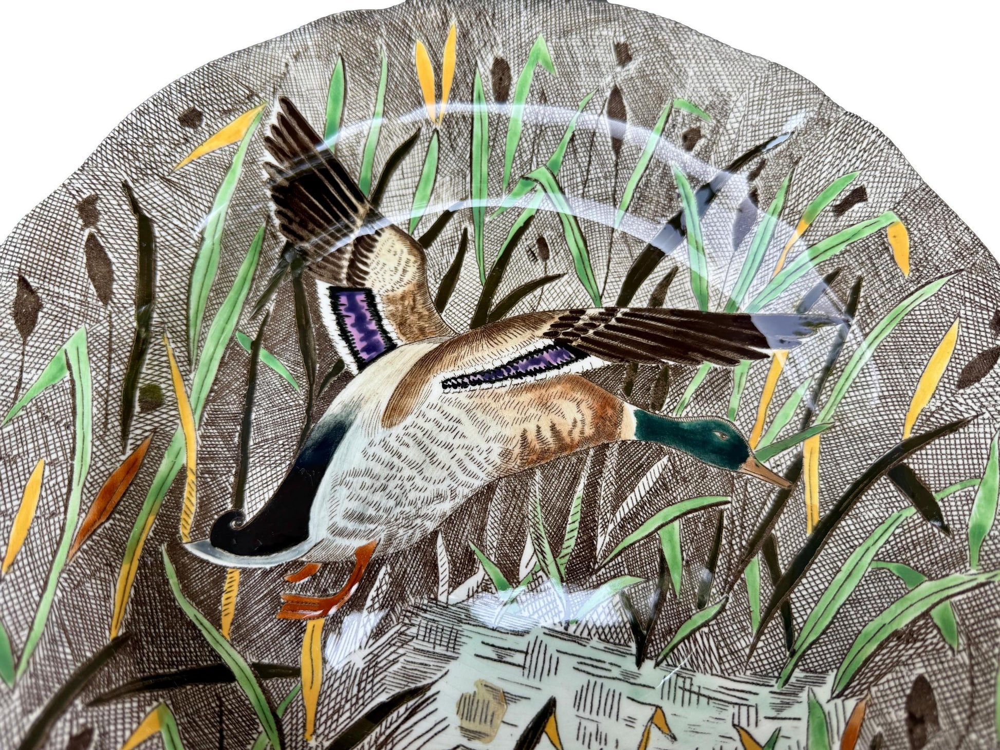 Vintage French Gien Rambouillet deep plate with hand-painted flying mallard duck over marsh scene