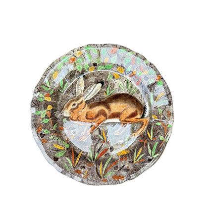 Vintage Gien Rambouillet plate with hand-painted rabbit in woodland scene – French faience collectible