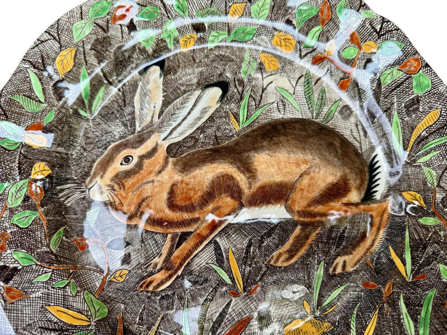 Vintage Gien Rambouillet plate with hand-painted rabbit in woodland scene – French faience collectible