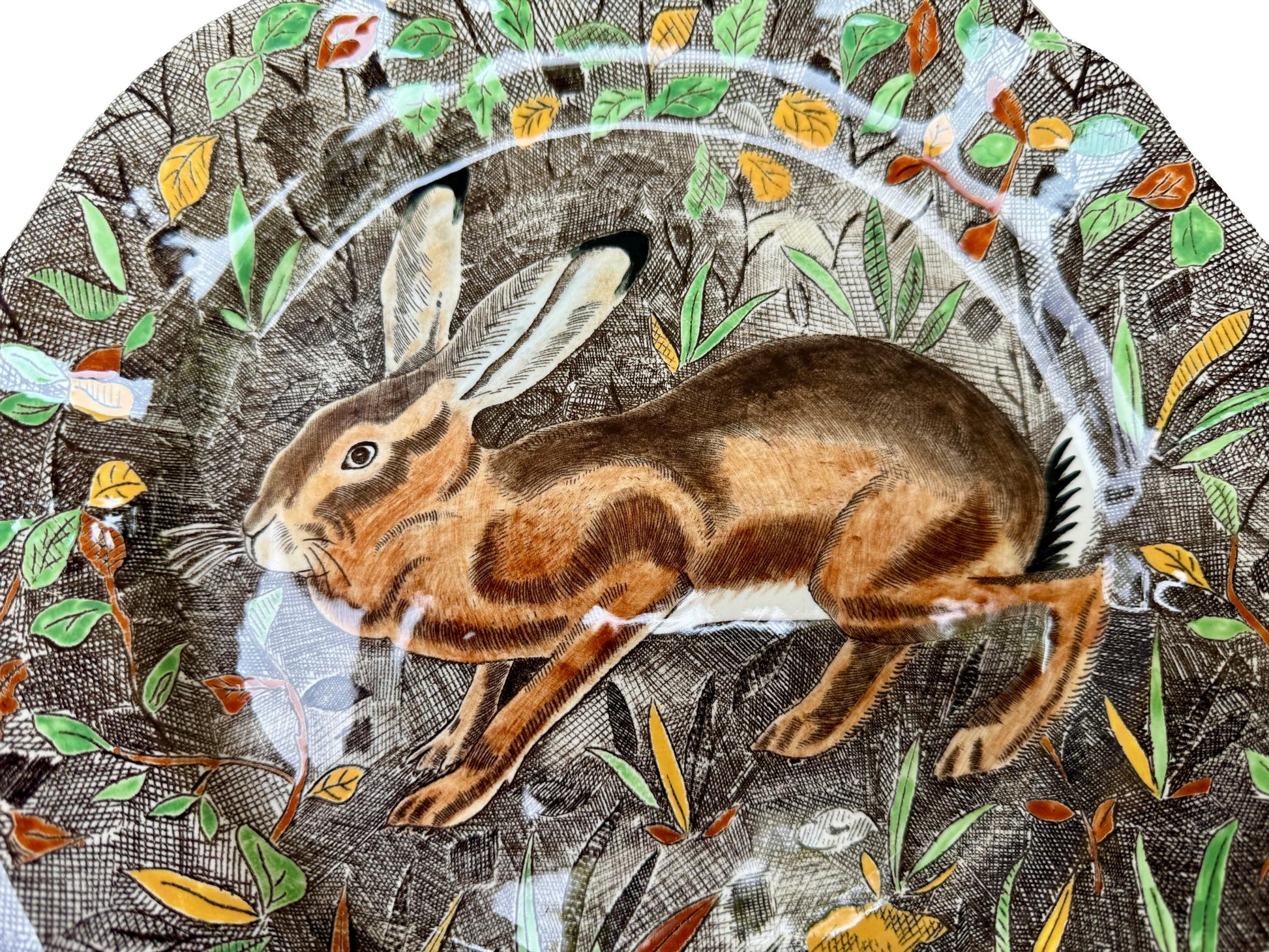 Vintage Gien Rambouillet plate with hand-painted rabbit in woodland scene – French faience collectible