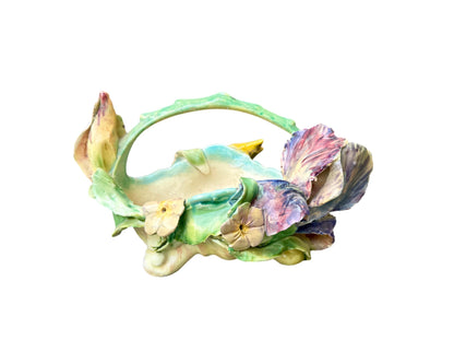 Antique French majolica iris basket by Longchamp, 19th century Terre de Fer ceramic with hand-glazed pastel flowers and Art Nouveau floral design