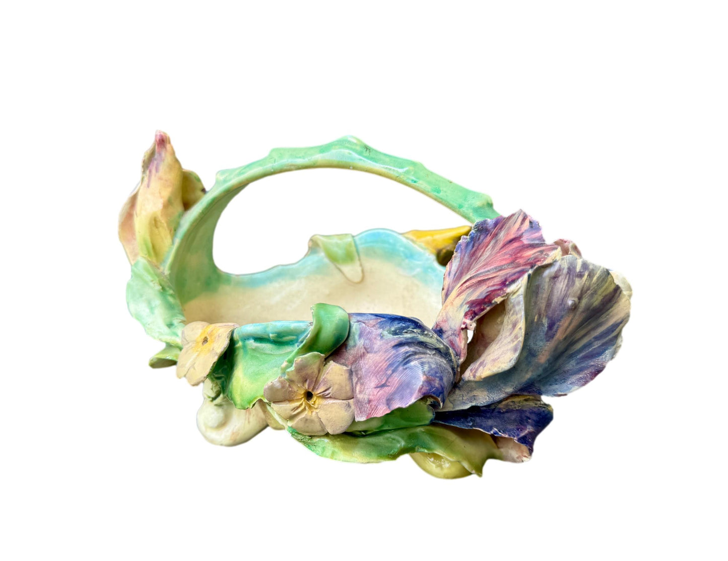 Antique French majolica iris basket by Longchamp, 19th century Terre de Fer ceramic with hand-glazed pastel flowers and Art Nouveau floral design