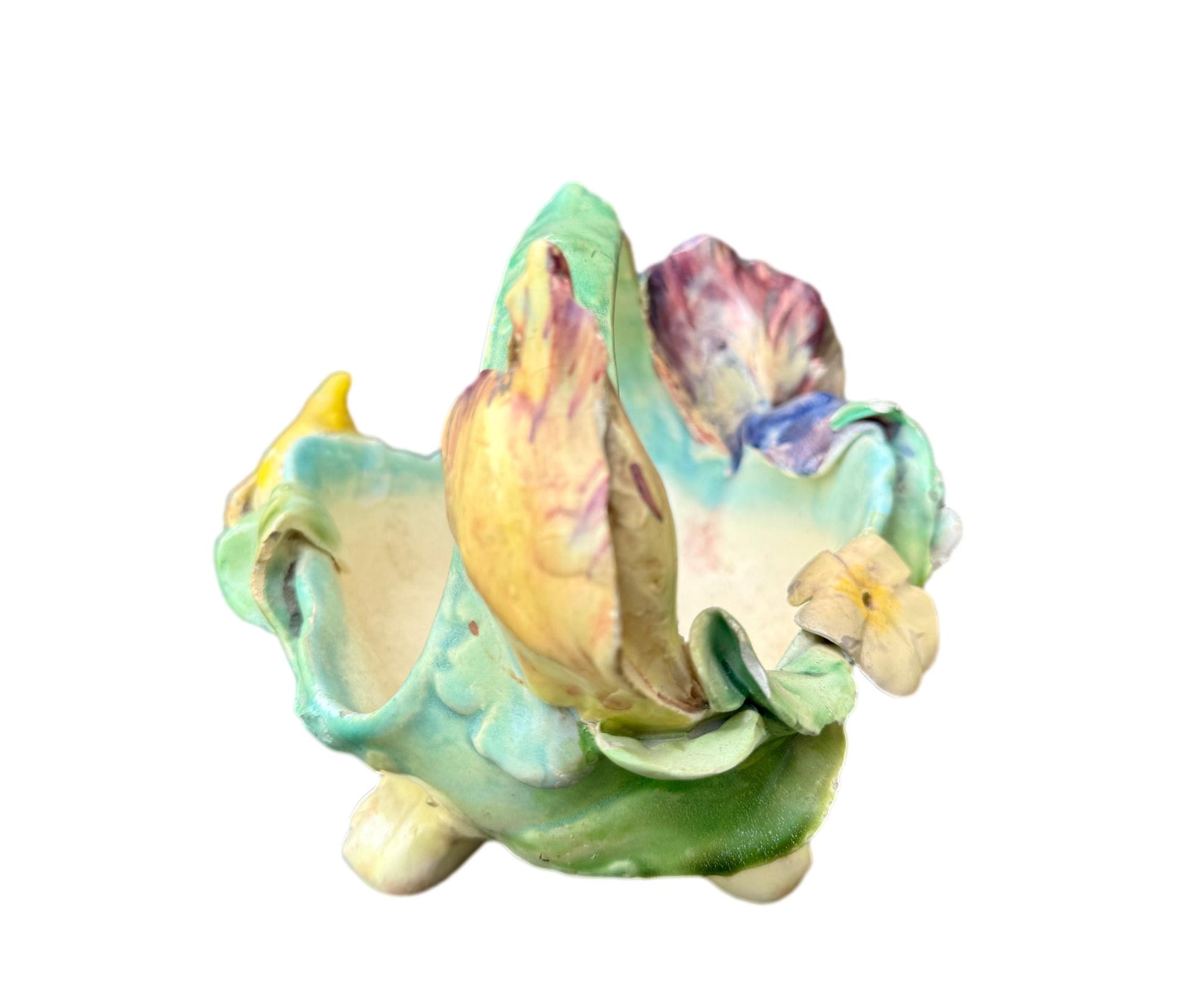 Antique French majolica iris basket by Longchamp, 19th century Terre de Fer ceramic with hand-glazed pastel flowers and Art Nouveau floral design