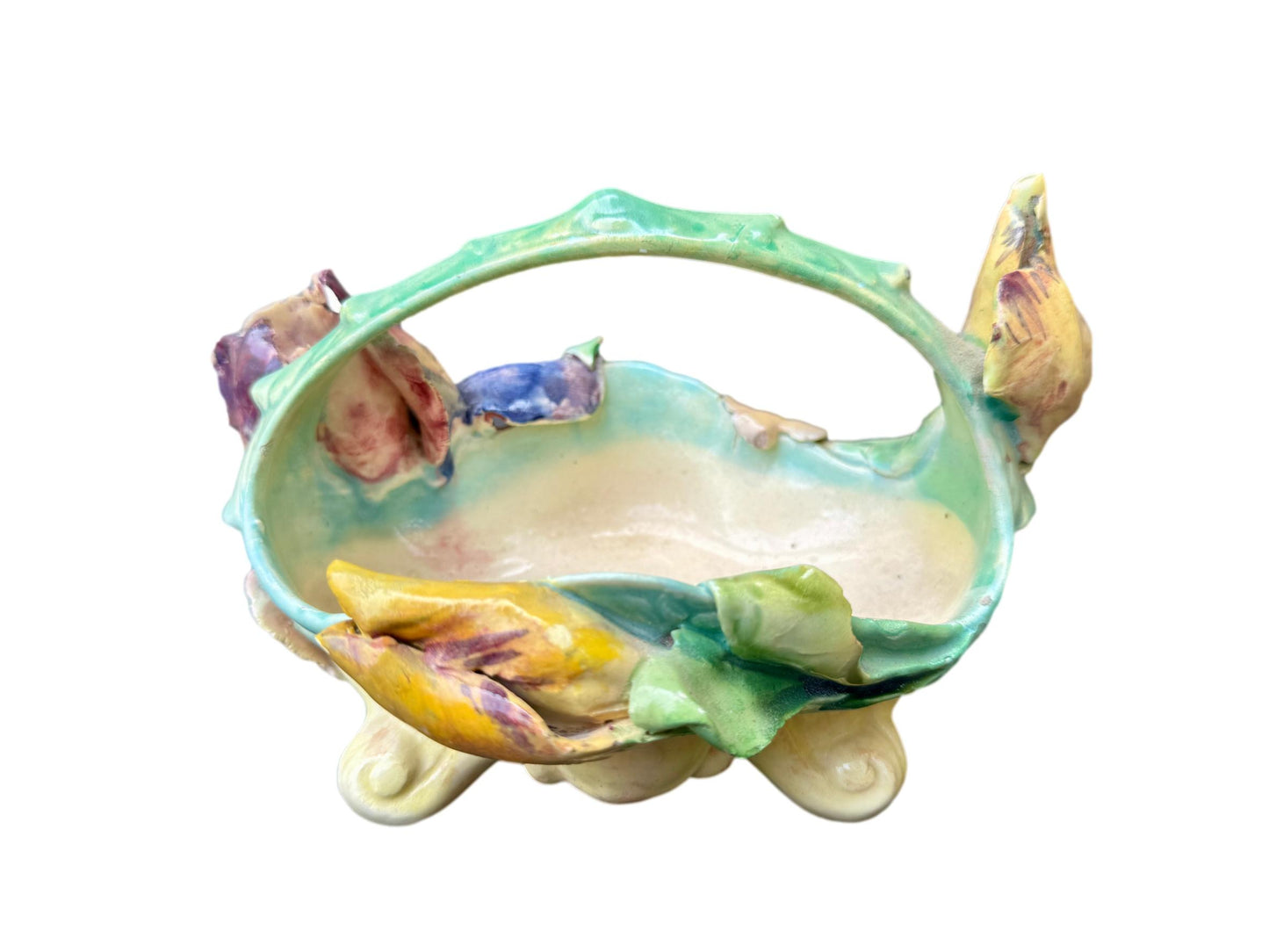 Antique French majolica iris basket by Longchamp, 19th century Terre de Fer ceramic with hand-glazed pastel flowers and Art Nouveau floral design