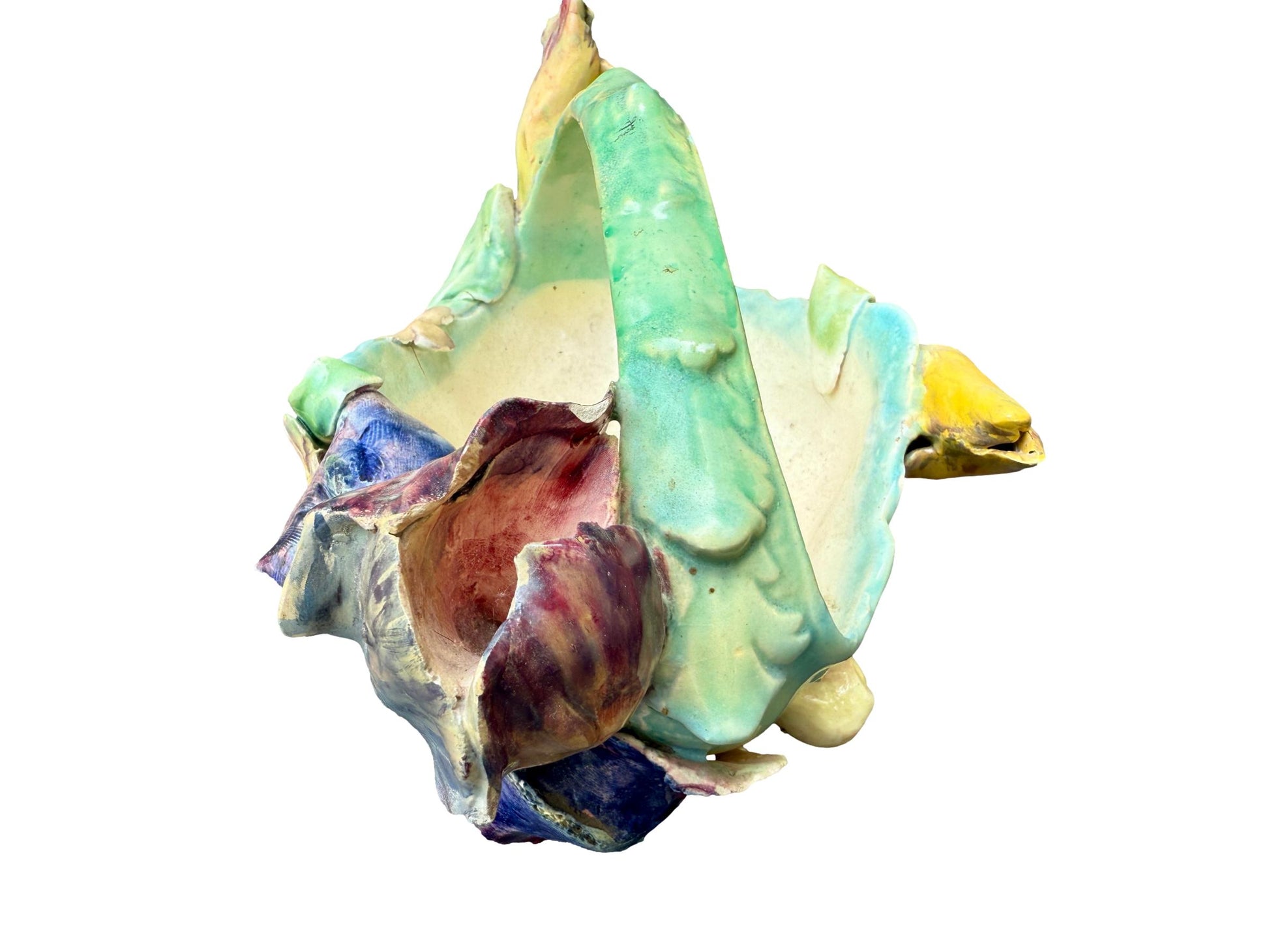 Antique French majolica iris basket by Longchamp, 19th century Terre de Fer ceramic with hand-glazed pastel flowers and Art Nouveau floral design