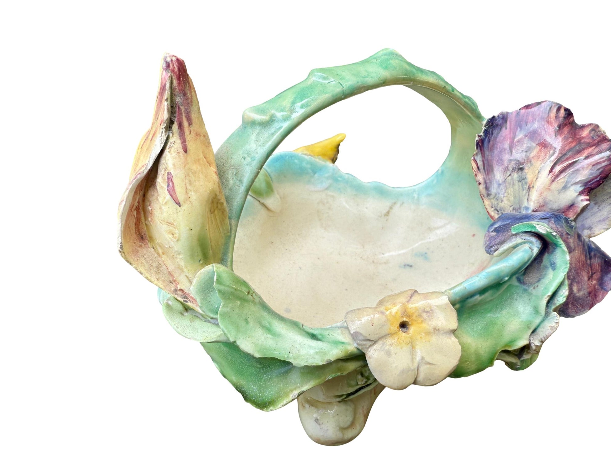 Antique French majolica iris basket by Longchamp, 19th century Terre de Fer ceramic with hand-glazed pastel flowers and Art Nouveau floral design