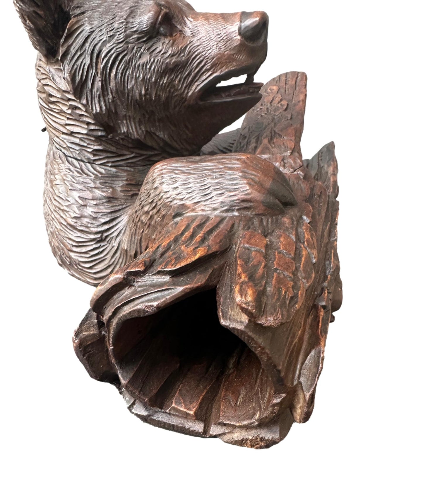 French Antique Black Forest Bear Inkwell, Hand Carved Wood