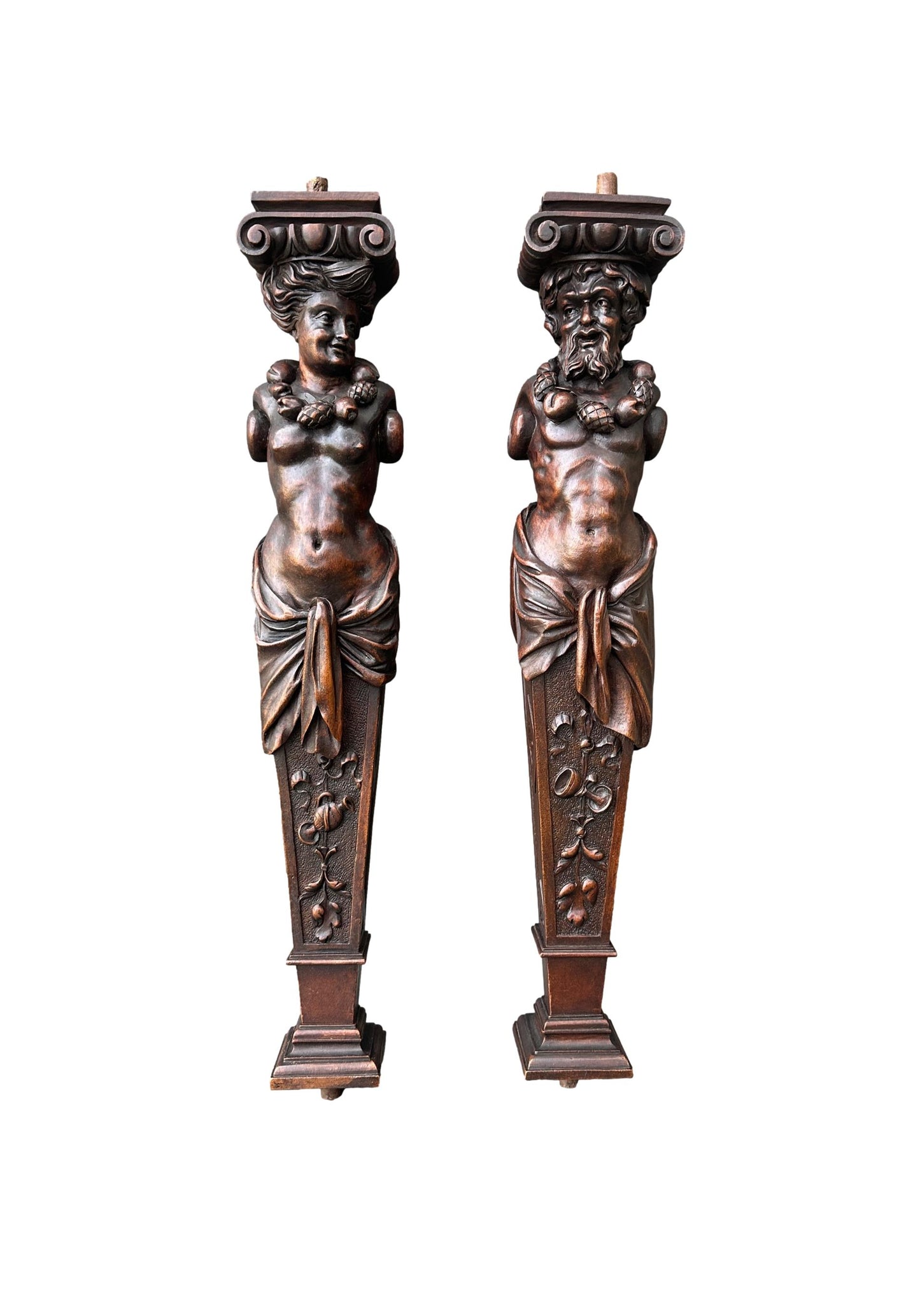 Rare pair of antique French wooden pilasters with intricate carving and aged patina