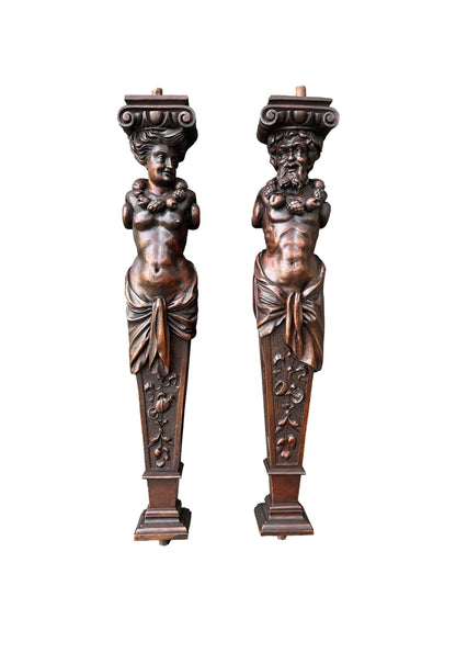 Rare pair of antique French wooden pilasters with intricate carving and aged patina