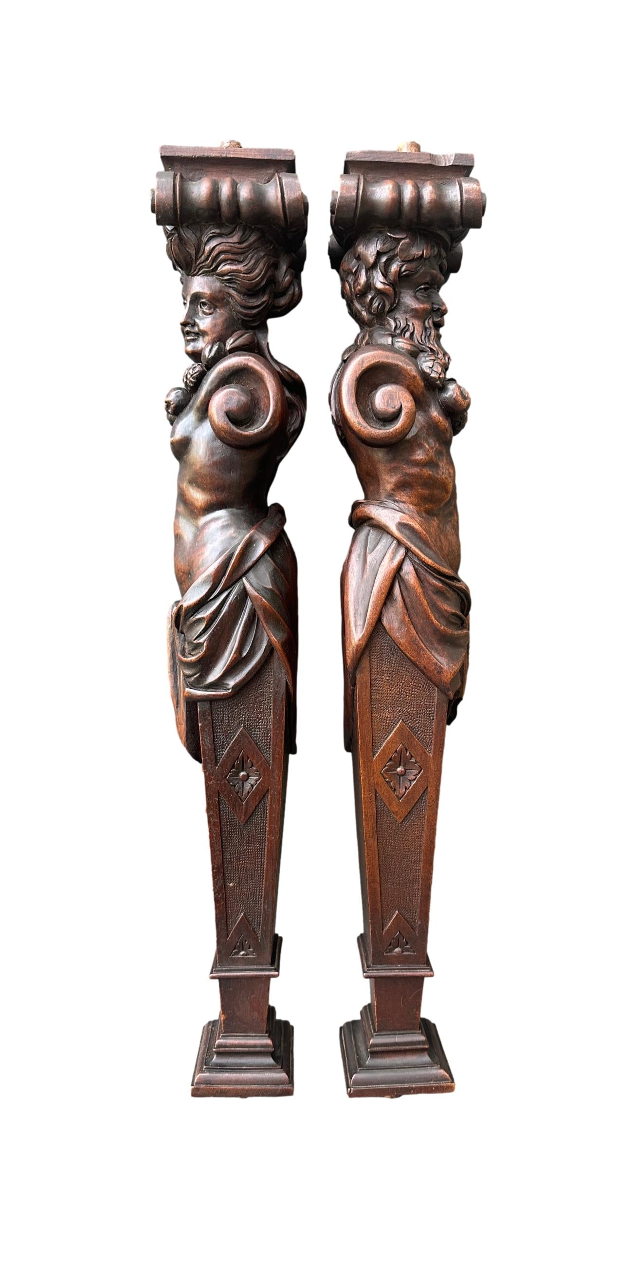 RARE French Antique Pair of Carved Walnut Pilasters, Caryatid and Atlante, Late 19th Century